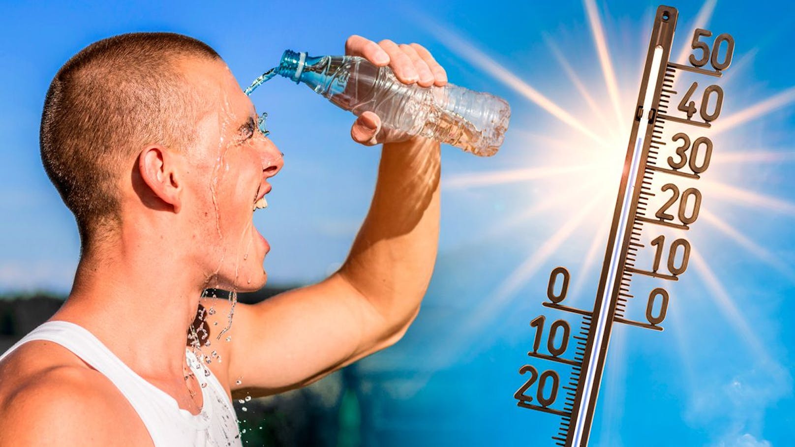 Viel Wasser und Abkühlung sind bei heißen Temperaturen wie derzeit wichtig. Wer Symptome hat, sollte so schnell wie möglich aus der Sonne gehen.