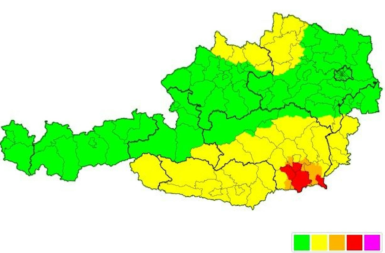 Mit Stand 14.30 Uhr gilt in mehreren steirischen Bezirken Wetter-Warnstufe ROT.