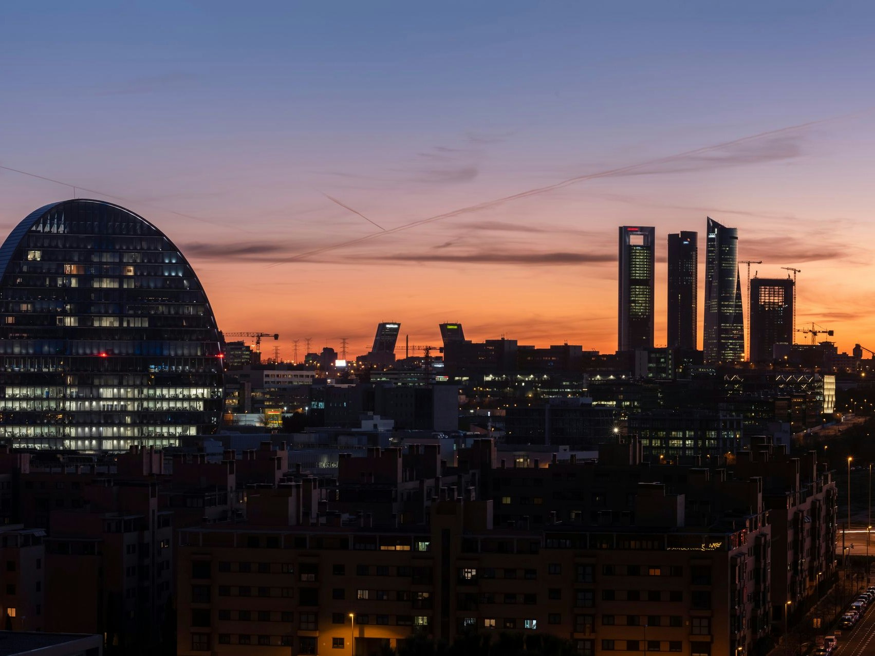 Beautiful sunset in Madrid, Spain with the view of its skyline.