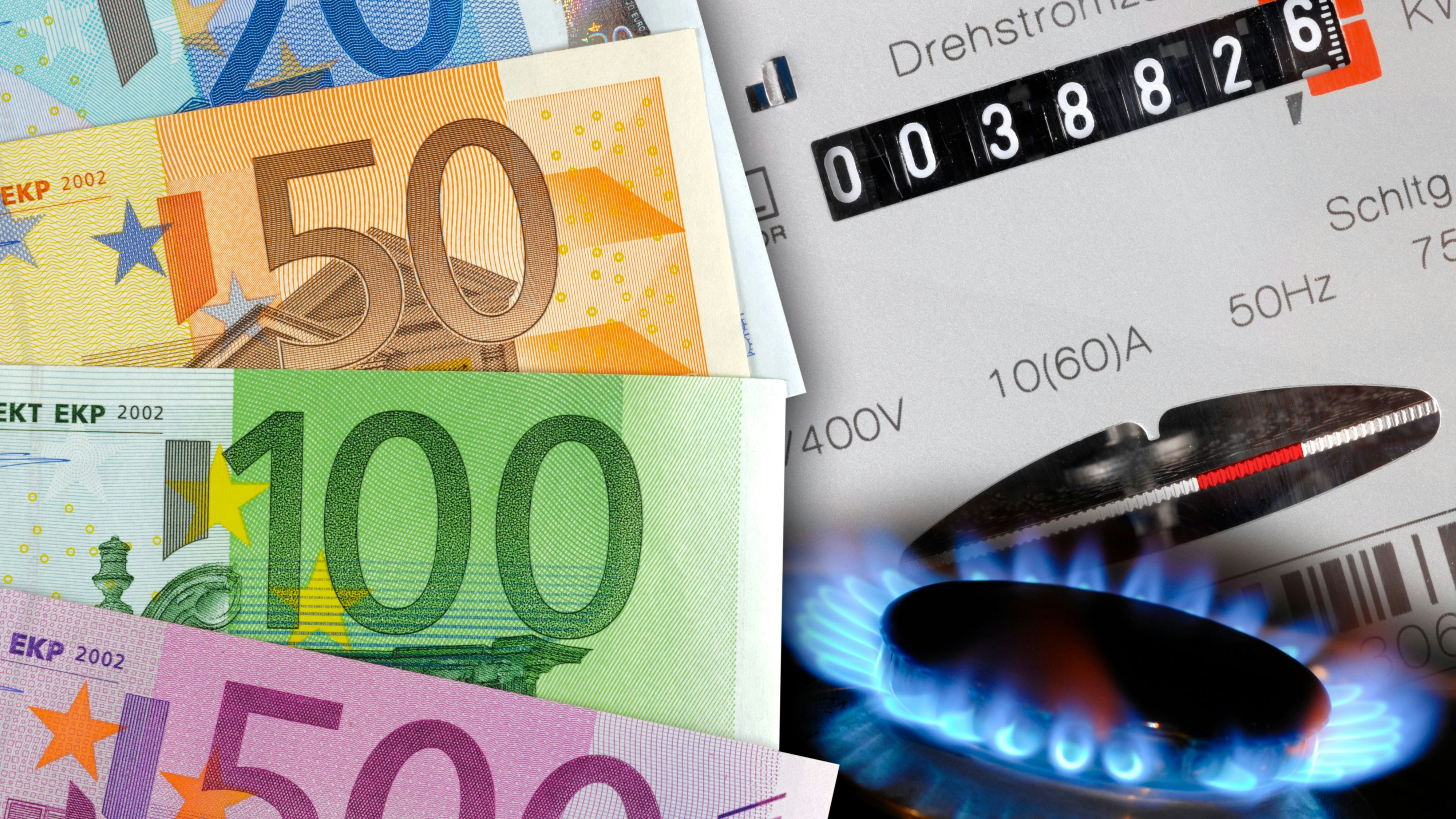 euro cash, gas flame and electric meter as symbol for expensive energy costs