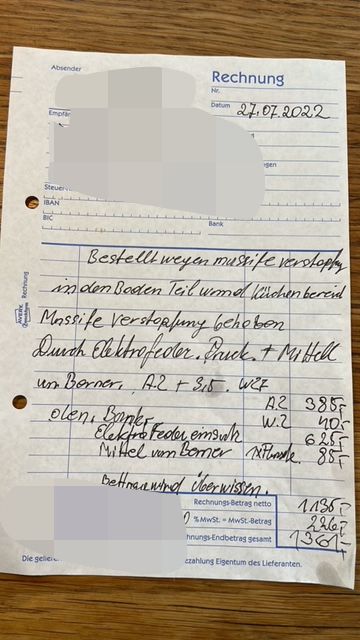 Installateur-Rechnung machte 1.361 Euro aus.