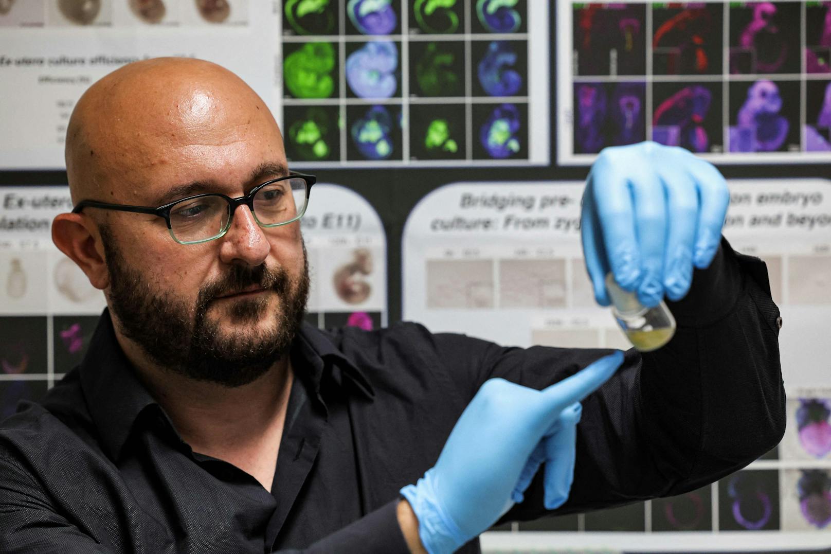 Dr. Jacob Hanna, Spezialist für Molekulargenetik am israelischen Weizmann Institute of Science, hält einem Labor ein Fläschchen mit fünf Tage alten synthetischen Mausembryonen.