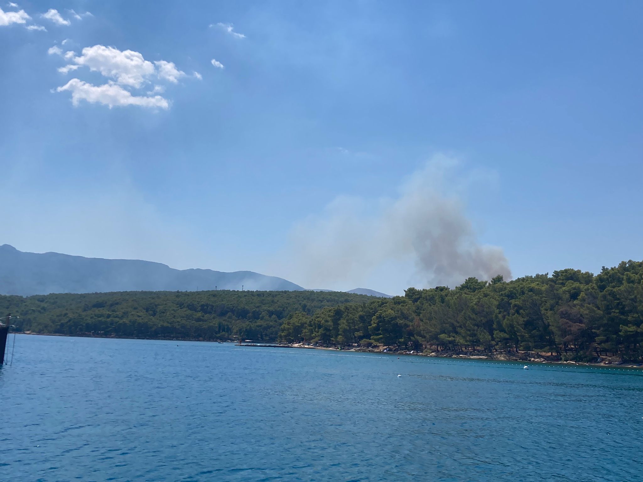 Dichter, dunkler Rauchwolken kommen aus dem Wald.