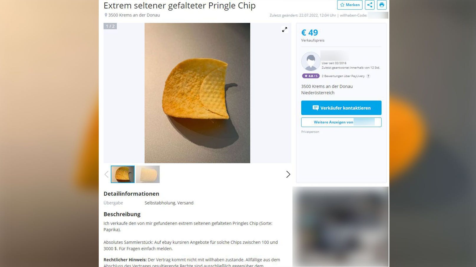 Laut willhaben-User hätte der Kartoffelchip einen Wert von zwischen 100 und 3000 Dollar.