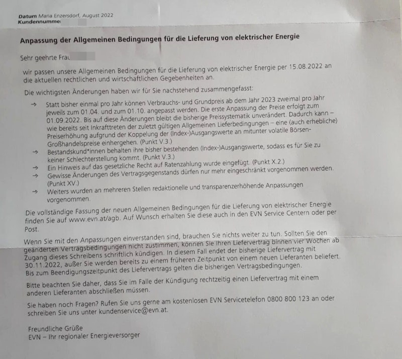 Infoschreiben über Anpassung der EVN