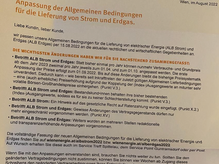 Wien Energie kündigt seinen Kunden per Brief die Index-Anpassung ab 2023 an.