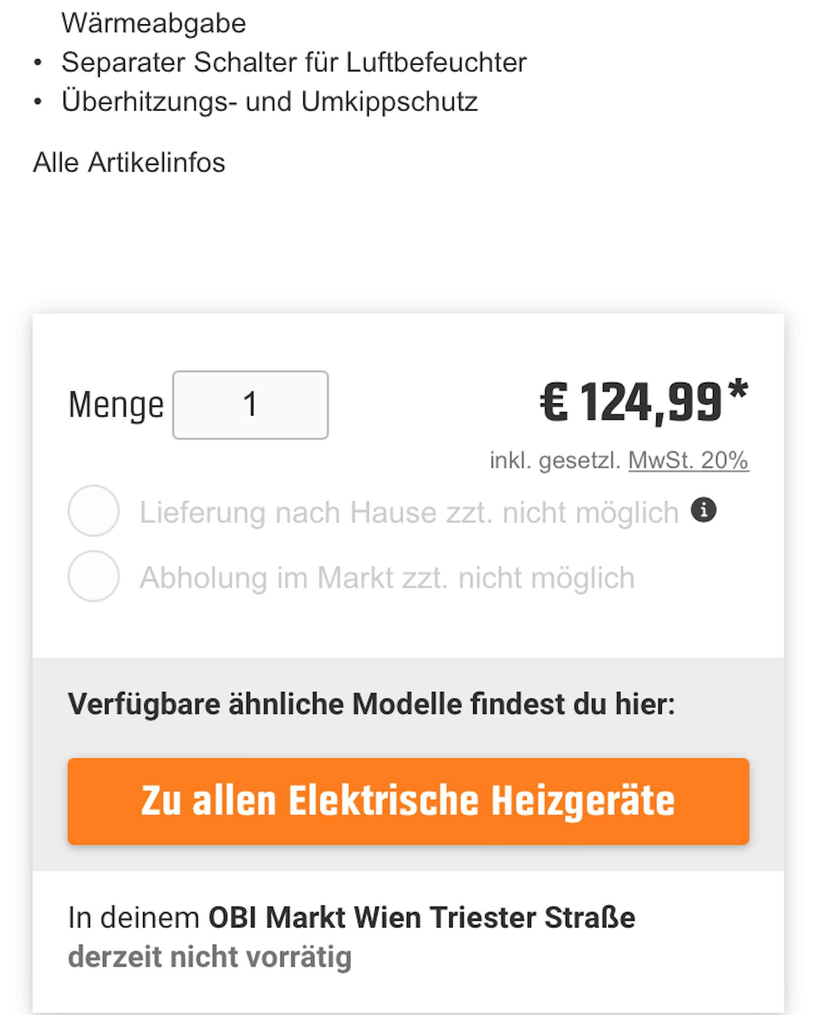 "Derzeit nicht vorrätig", heißt es auf der OBI-Website.