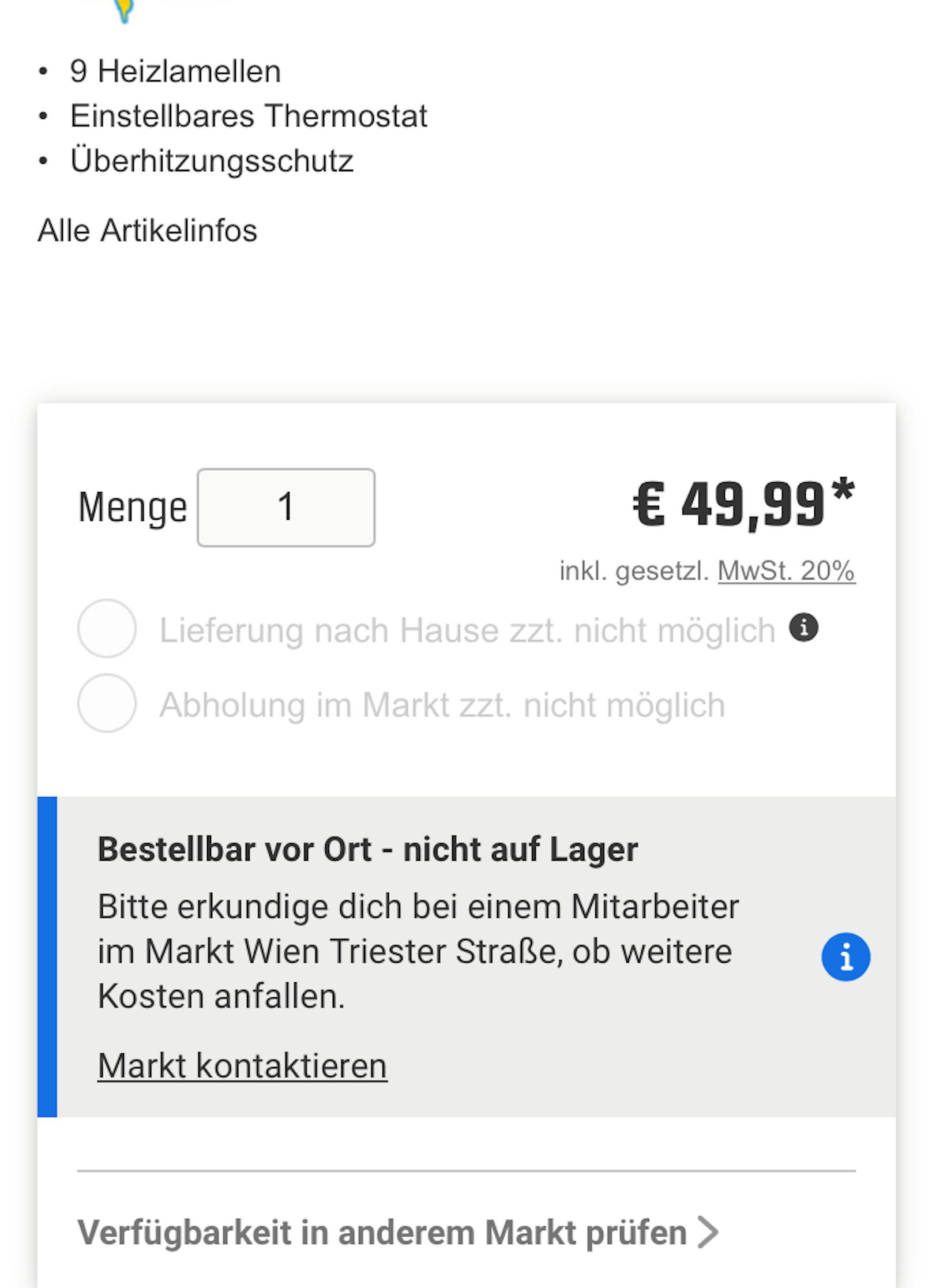 Beim Baumarkt OBI kann man auch Konvektoren in unterschiedlicher Größe bestellen, auf Lager ist nichts.