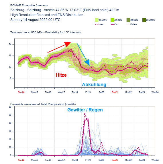 Ensemble-Prognose von Temperatur (~1.500 m) und Niederschlag für Salzburg.