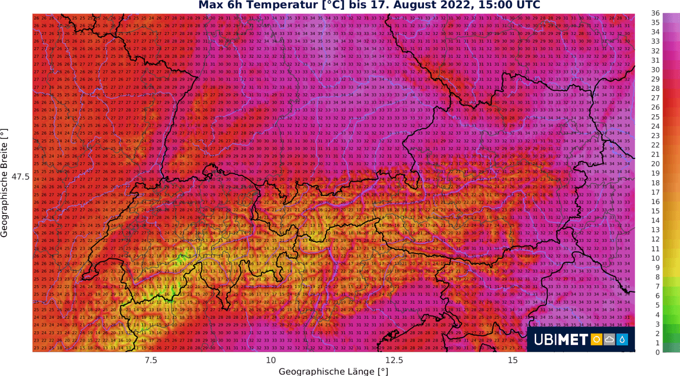 Prognose der Temperatur-Höchstwerte am Mittwoch.