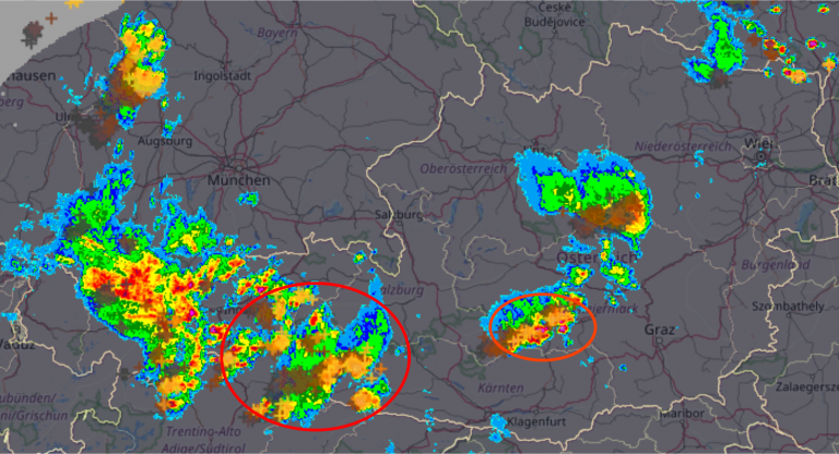 Die Gewitterschwerpunkte am Montagabend.