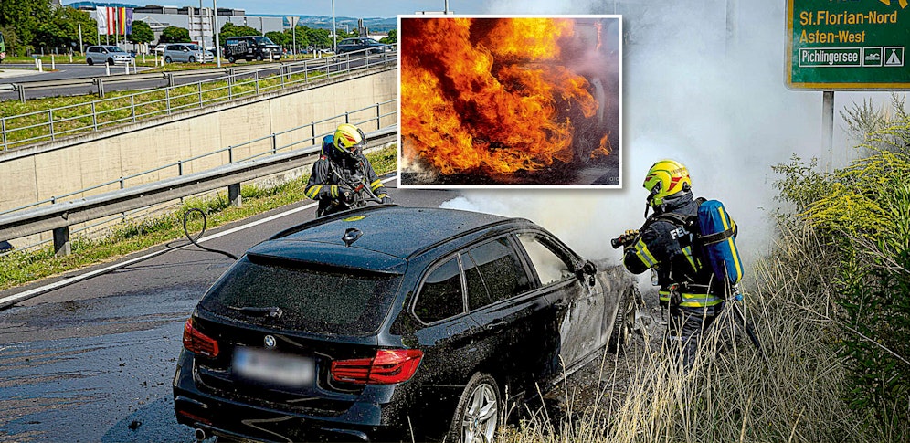 Die Feuerwehr löschte den Fahrzeugbrand.