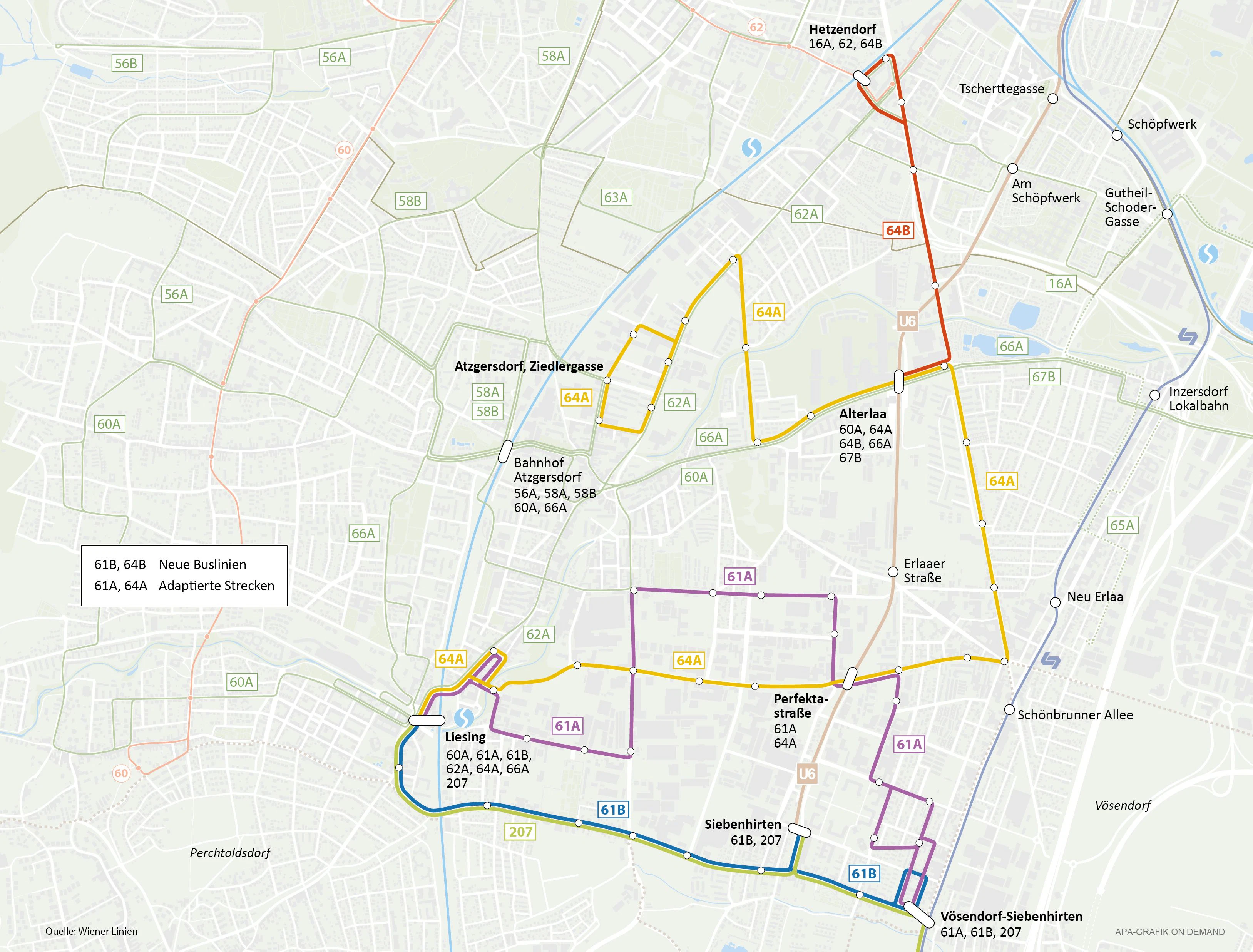 Zwei neue Buslinien (61B, 64B) stehen den Liesingern ab Herbst zur Verfügung. An zwei weiteren Linien (61A, 64A) sind Adaptionen geplant.