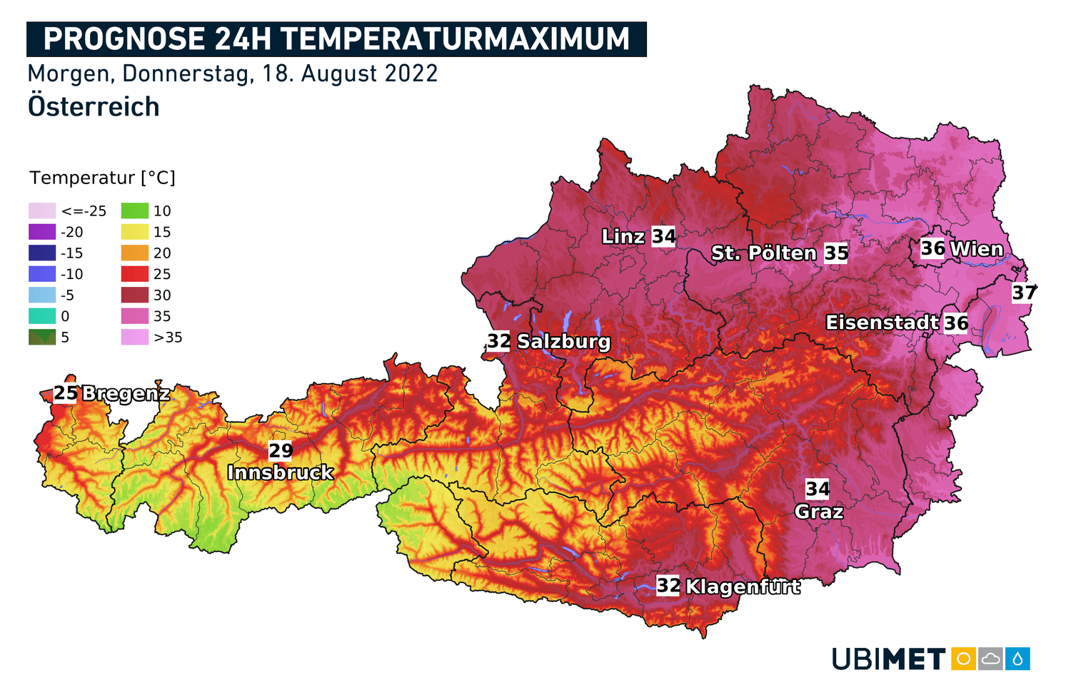 Hitze-Prognose für Donnerstag. Im Seewinkel werden 37 Grad erwartet.