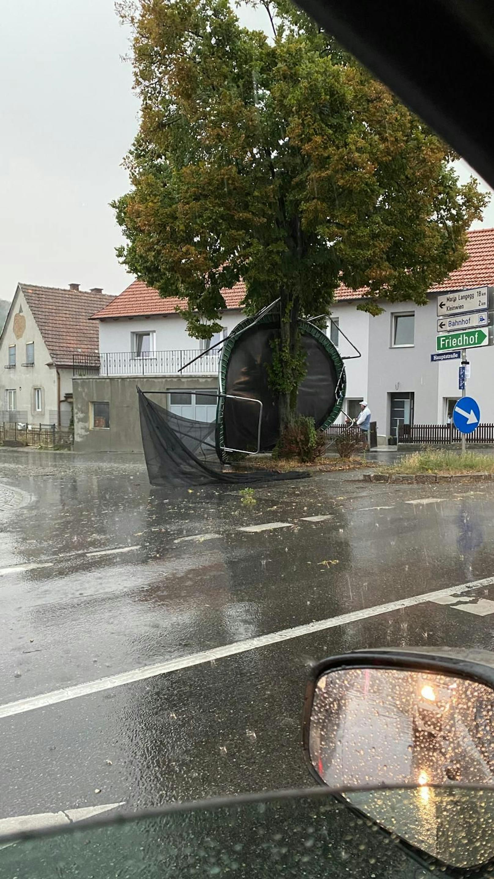 In Paudorf (Niederösterreich) wickelte sich ein riesiges Trampolin um einen Baum.