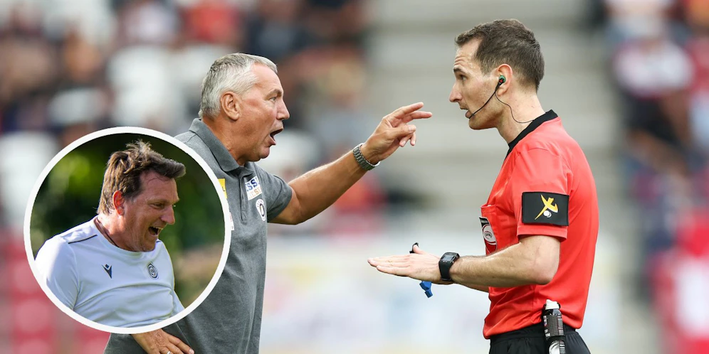Josef Spurny entschuldigt sich bei Peter Pacult. Andreas Herzog (l.) lässt seine VAR-Ausrede nicht gelten.
