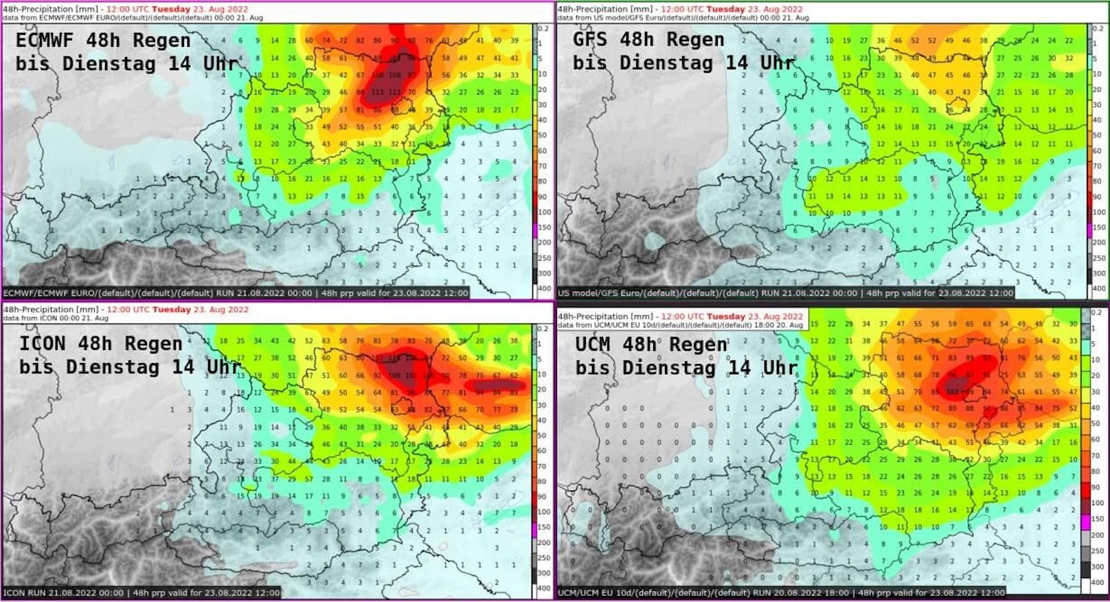 Volle Transparenz: Hier die aktualisierte 48h-Niederschlagssumme bis Dienstag, 14 Uhr, laut den vier wichtigen Wettermodellen – ECMWF, GFS, ICON, UBIMET-UCM.