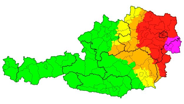 Unwetter-Warnkarte vom Samstag: Der Regen-Schwerpunkt hat sich mittlerweile ins Wald- und Weinviertel verlagert.