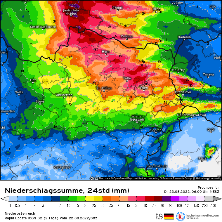 Errechnete Niederschlagssumme für die kommenden 24 Stunden bis Dienstag, 23. August 2022, 6 Uhr.