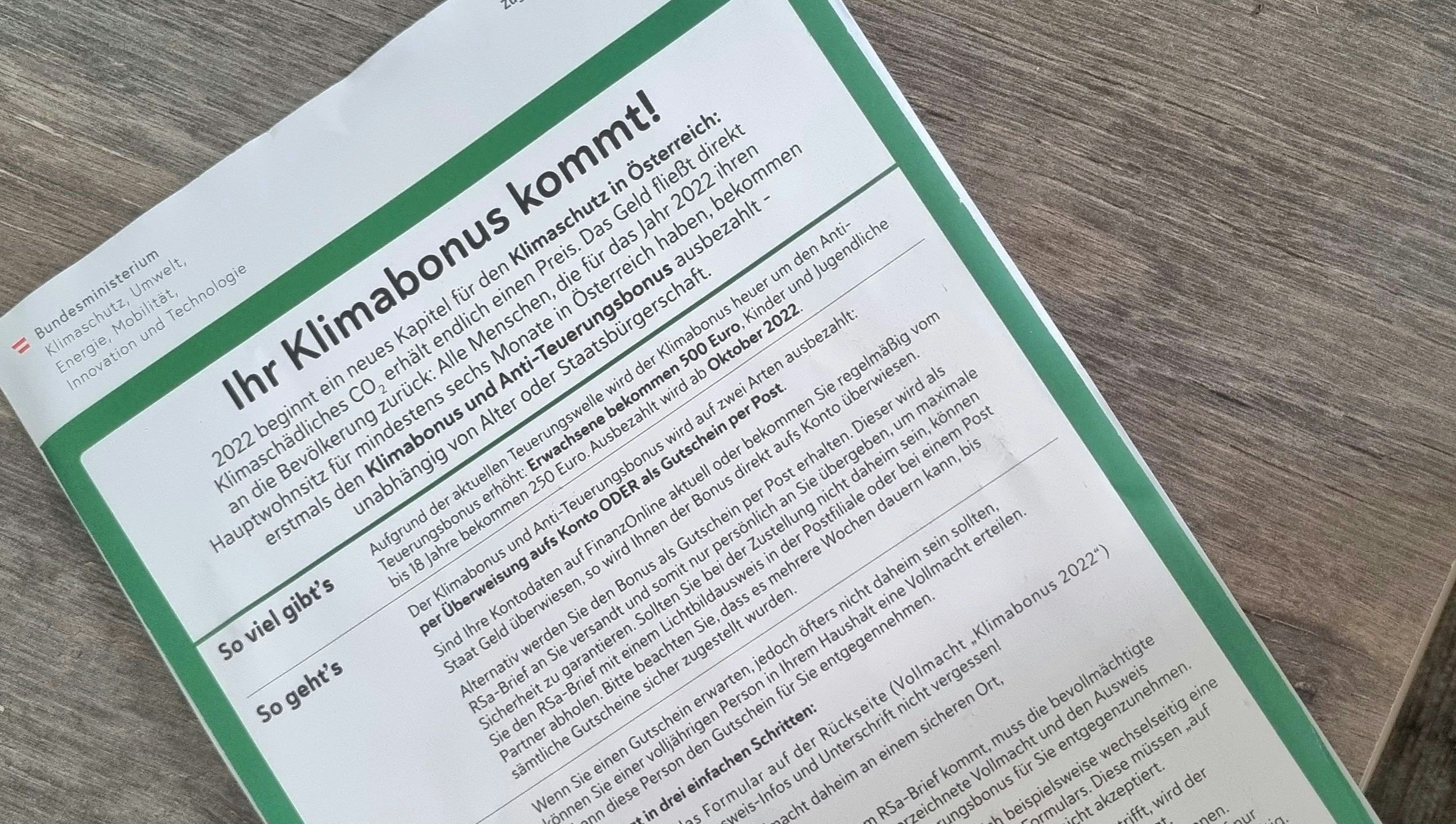 Die österreichischen Haushalte bekommen dieser Tage per Post eine Mitteilung über den Klimabonus.