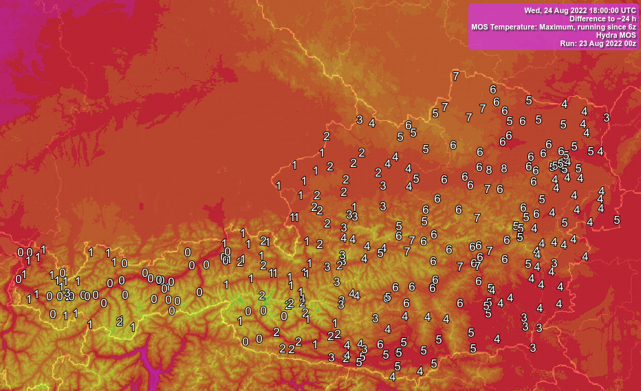 Unterschied zwischen den Höchstwerten am Dienstag und Mittwoch. In der Osthälfte wird es 4 bis 8 Grad milder, im Westen bleibt es ähnlich warm.