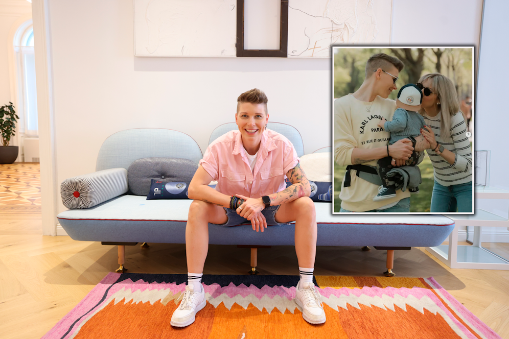 Virginia Ernst geht auf Instagram mit Humor gegen Hass im Netz vor. Im Netz gibt die Sängerin auch Einblicke in ihr Leben mit Ehefrau Dora und ihrem Sohn (re.).