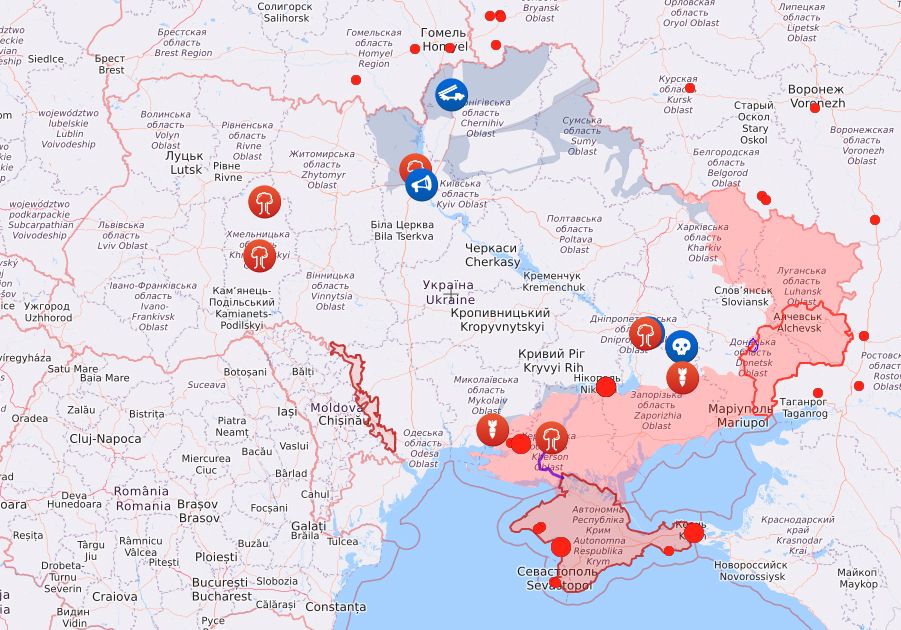 Konflikt-Karte der Ukraine: Der Großteil der&nbsp;zurückeroberten Gebiete (blau) geriet nach dem Russen-Abzug Anfang April wieder unter Kontrolle der Verteidiger.