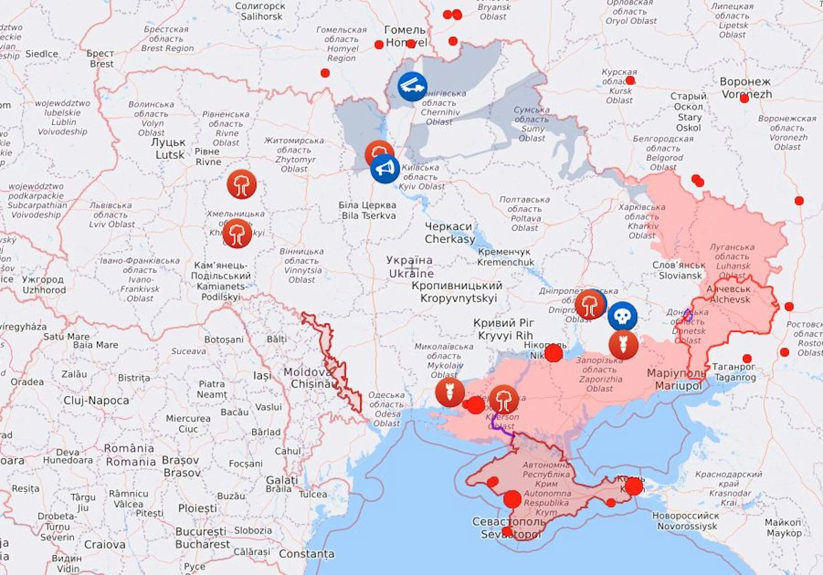 Konflikt-Karte der Ukraine: Der Großteil der&nbsp;zurückeroberten Gebiete (blau) geriet nach dem Russen-Abzug Anfang April wieder unter Kontrolle der Verteidiger.