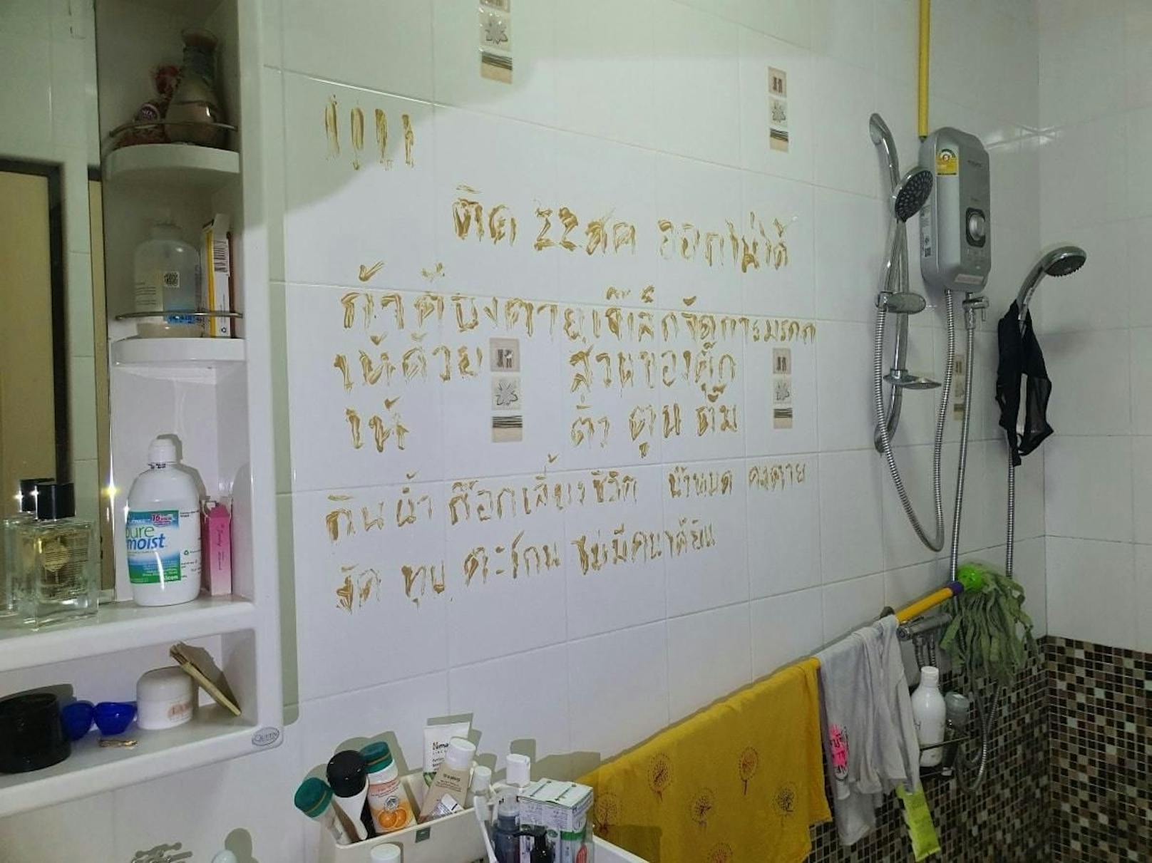Frau schreibt ihren letzten Willen auf Badezimmerwand