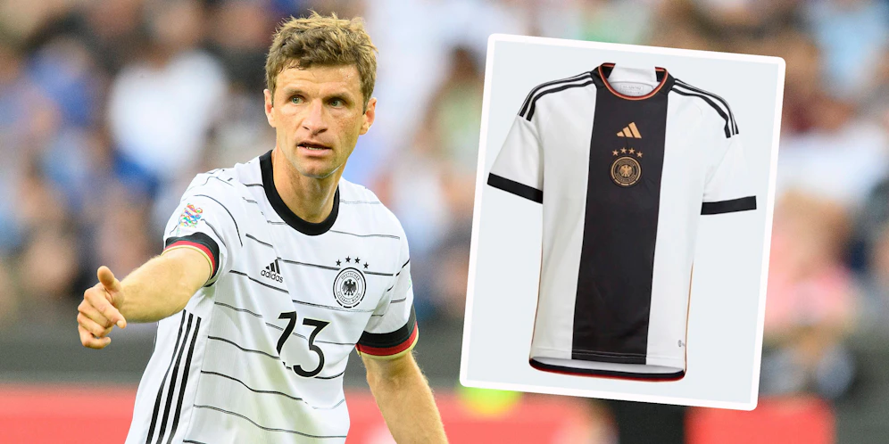 Thomas Müller und Co. werden im ungewohnten Design auflaufen (siehe r.). 
