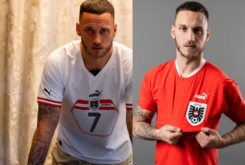 Marko Arnautovic zeigt das neue ÖFB-Trikot.