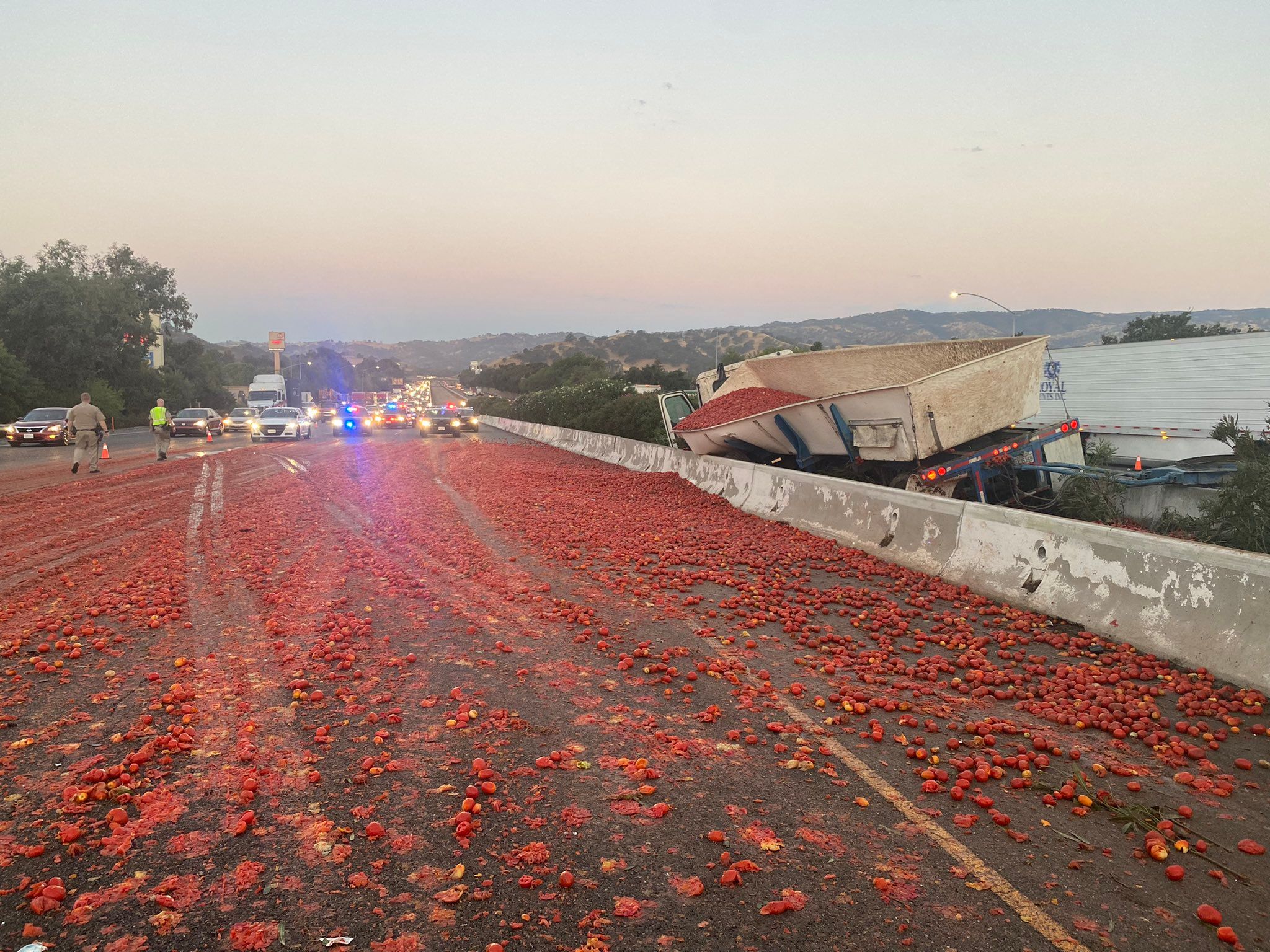 Bei dem Crash des Lkw gegen die Trennwände der Interstate 80 wurden 150.000 Tomaten auf die Gegenfahrbahn geschleudert.