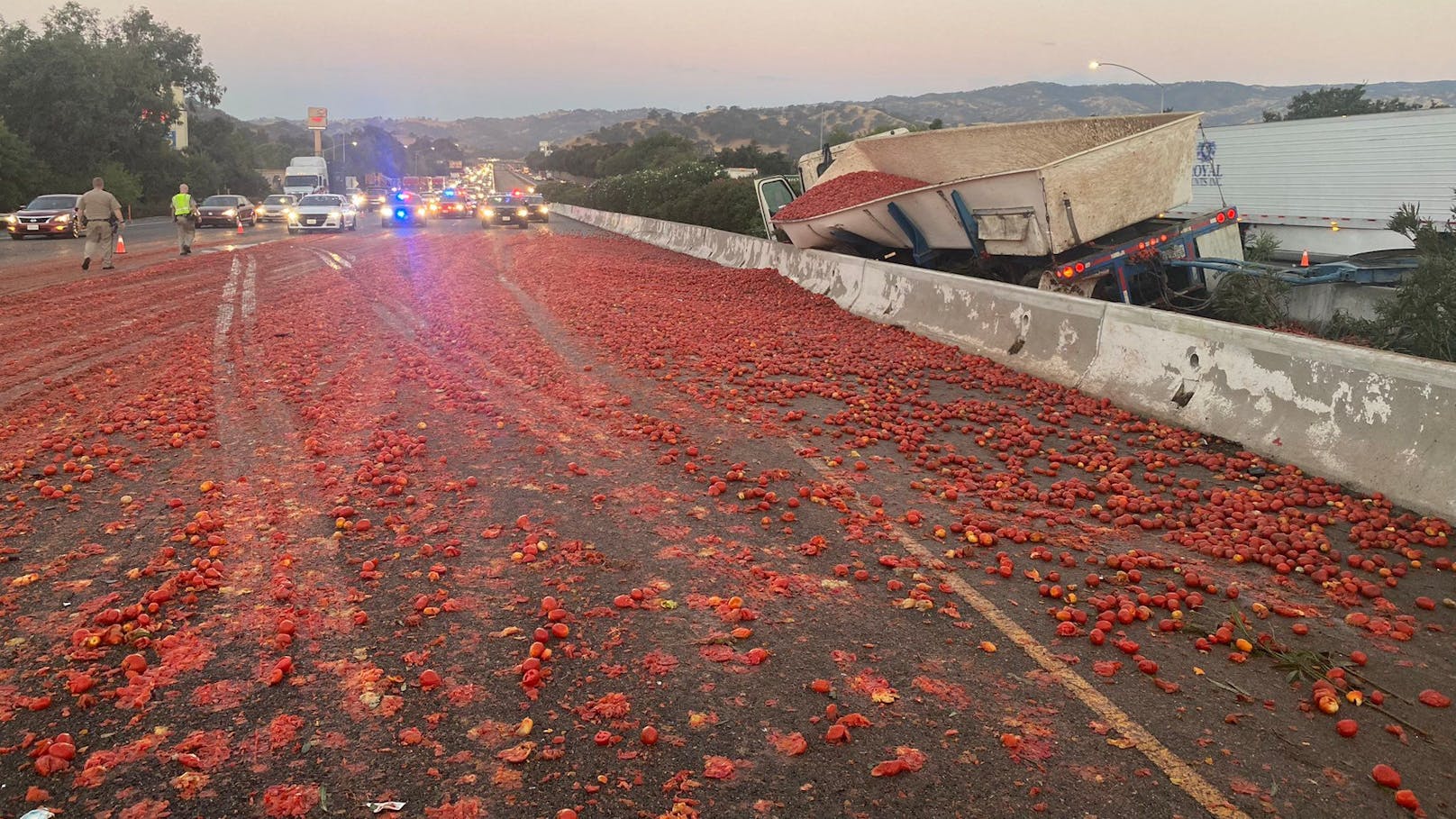 Bei dem Crash des Lkw gegen die Trennwände der Interstate 80 wurden 150.000 Tomaten auf die Gegenfahrbahn geschleudert.