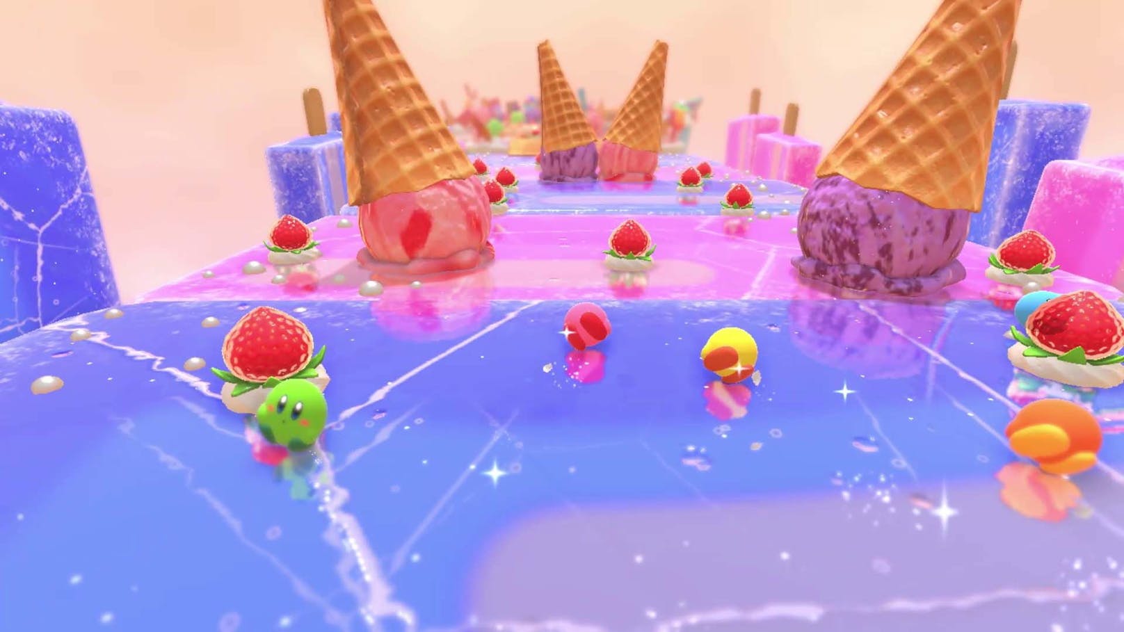 ...&nbsp;weniger großen Spielwelt rollt der Spieler als Kirby herum und versucht, Erdbeeren einzusaugen, die die Spielfigur immer schwerer machen.