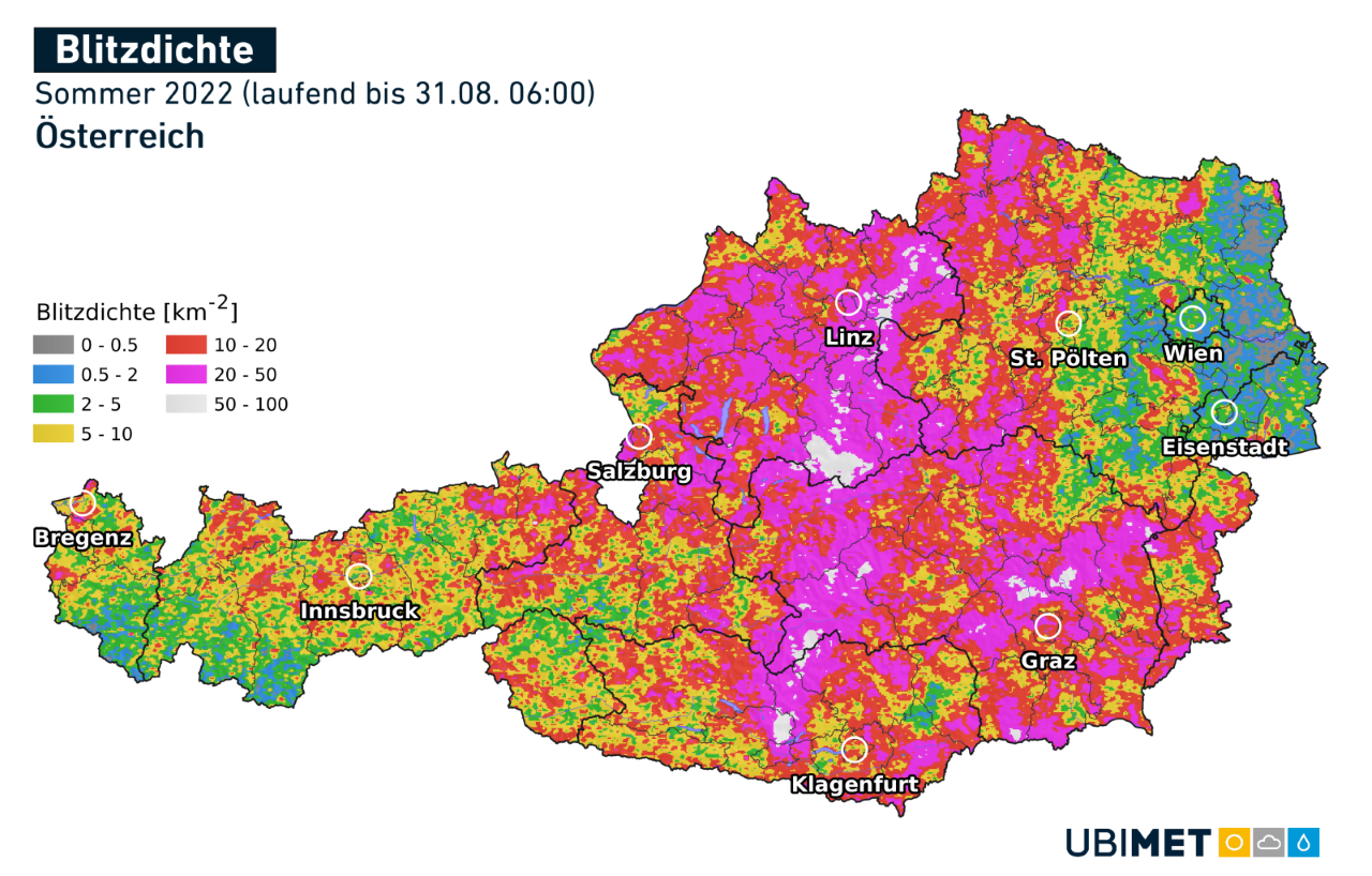Die Karte zeigt die Blitzdichte im Sommer 2022 (Stand 31. August 2022). 