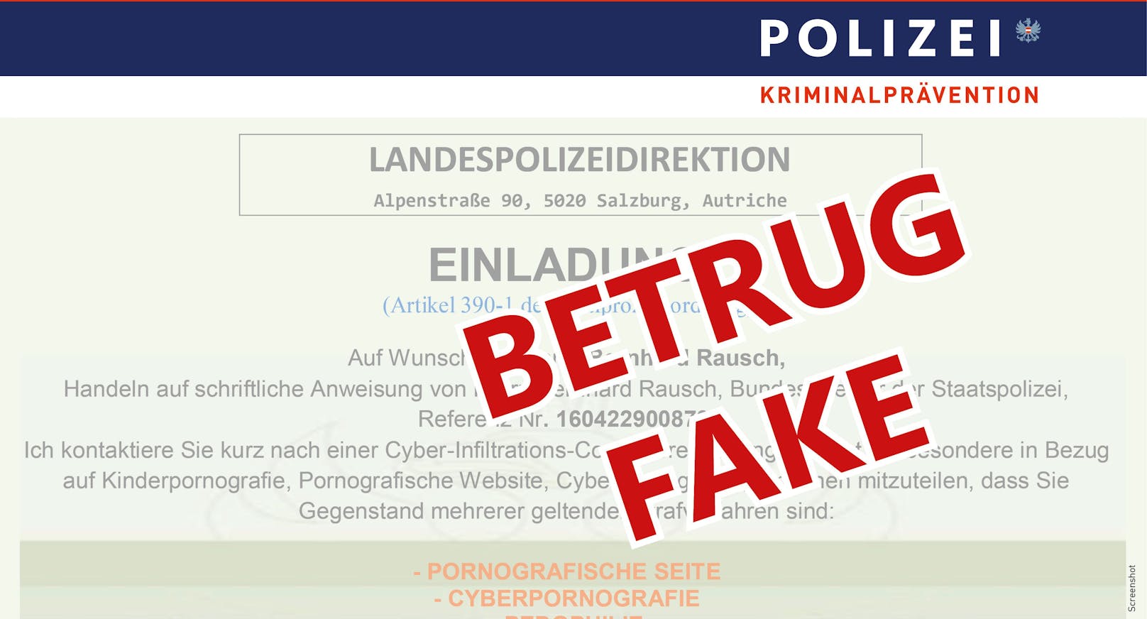 Solche (oder ähnliche) Fake-Mails des Salzburger Polizei-Chefs sind derzeit in Salzburg im Umlauf.