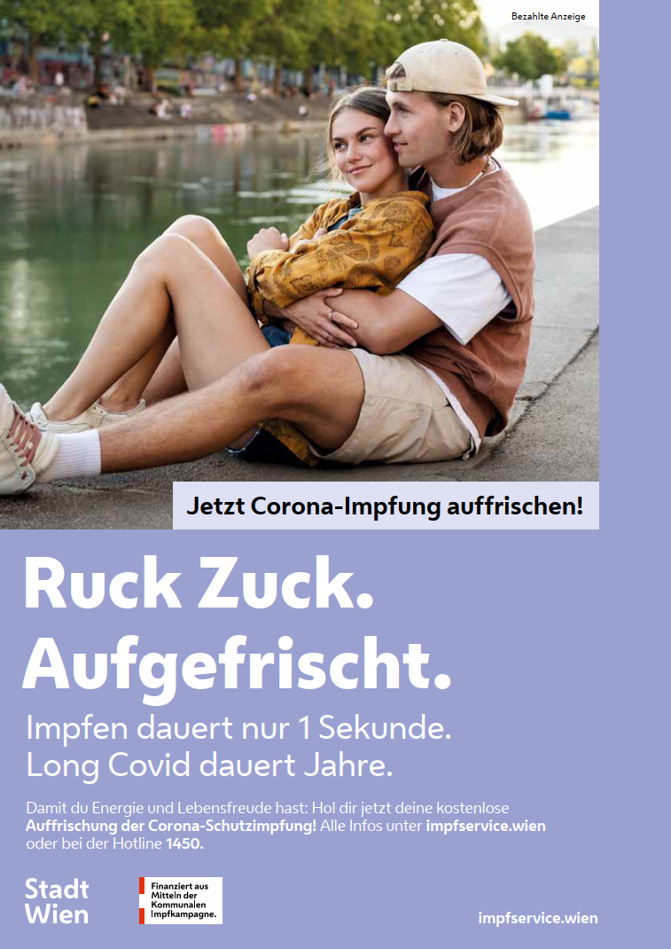 Mit der Kampagne "Ruck Zuck. Aufgefrischt." möchte die Stadt Wien impfbereite Wiener motivieren, sich den vierten Stich zu holen.