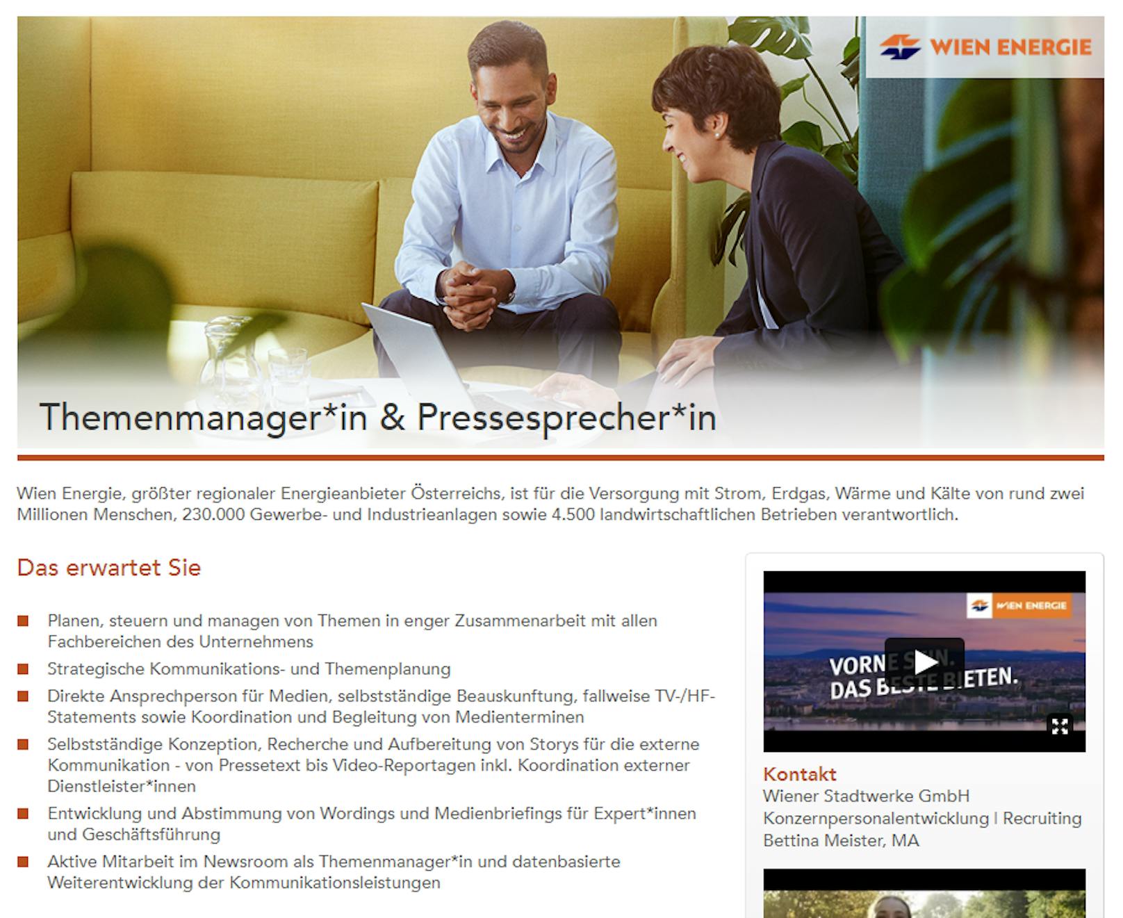 Die Wien Energie sucht einen "Themenmanager &amp; Pressesprecher"