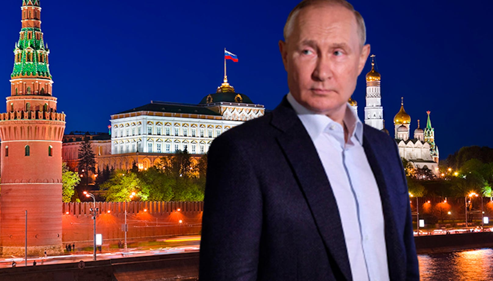 Russlands Präsident Wladimir Putin - im Hintergrund der Kreml in Moskau ("Heute"-Montage)