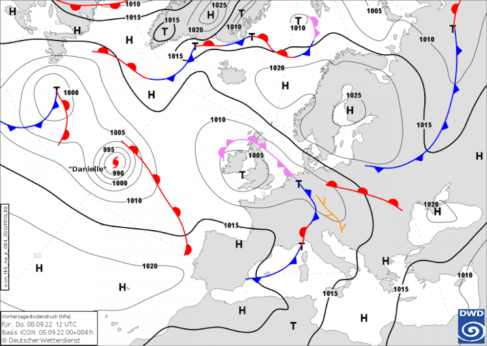 Bodendruck- und Frontenkarte für Donnerstag