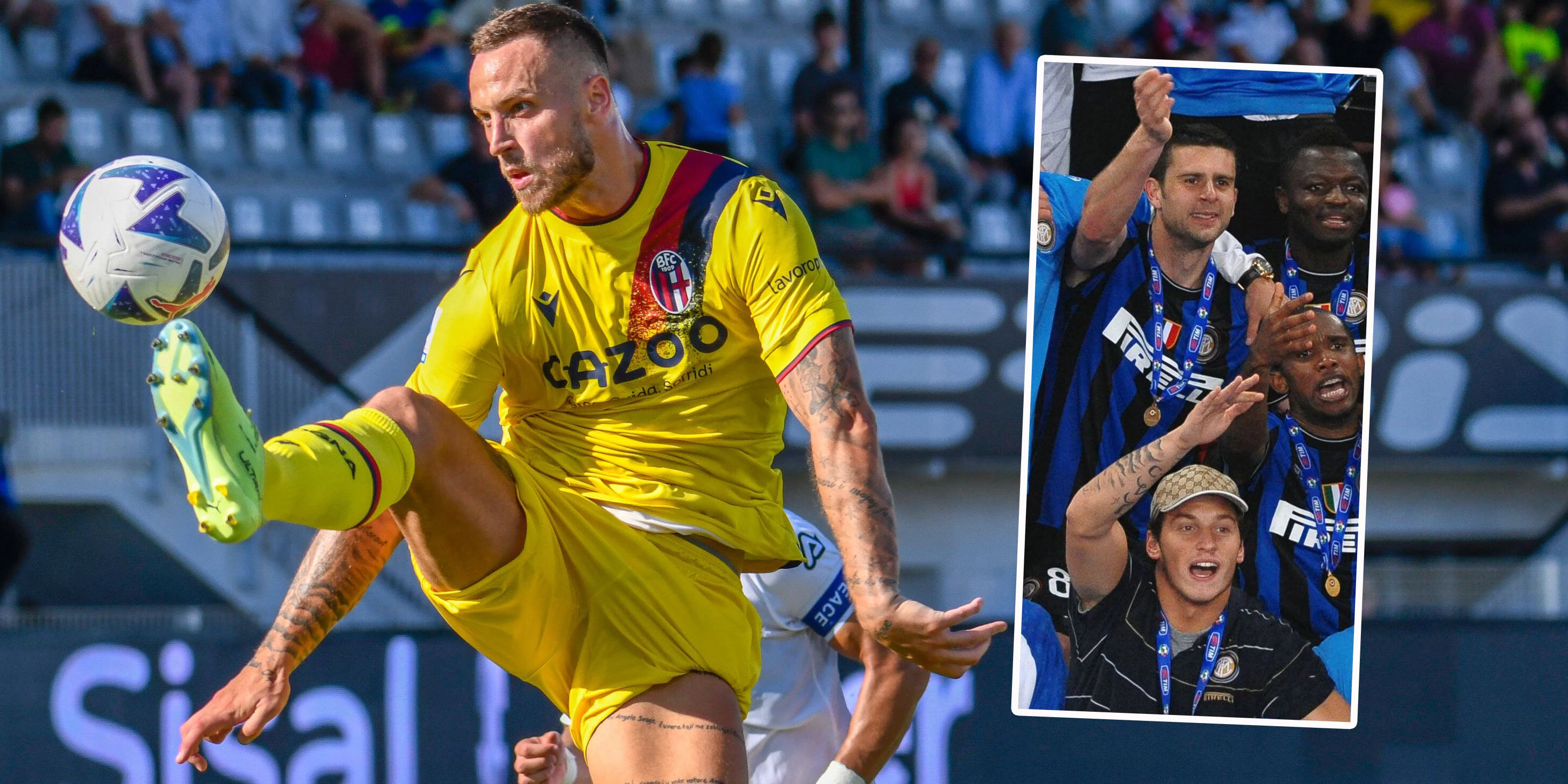 Marko Arnautovic mit 34 im Bologna-Shirt, als junger Kicker bei Inter mit Thiago Motta.