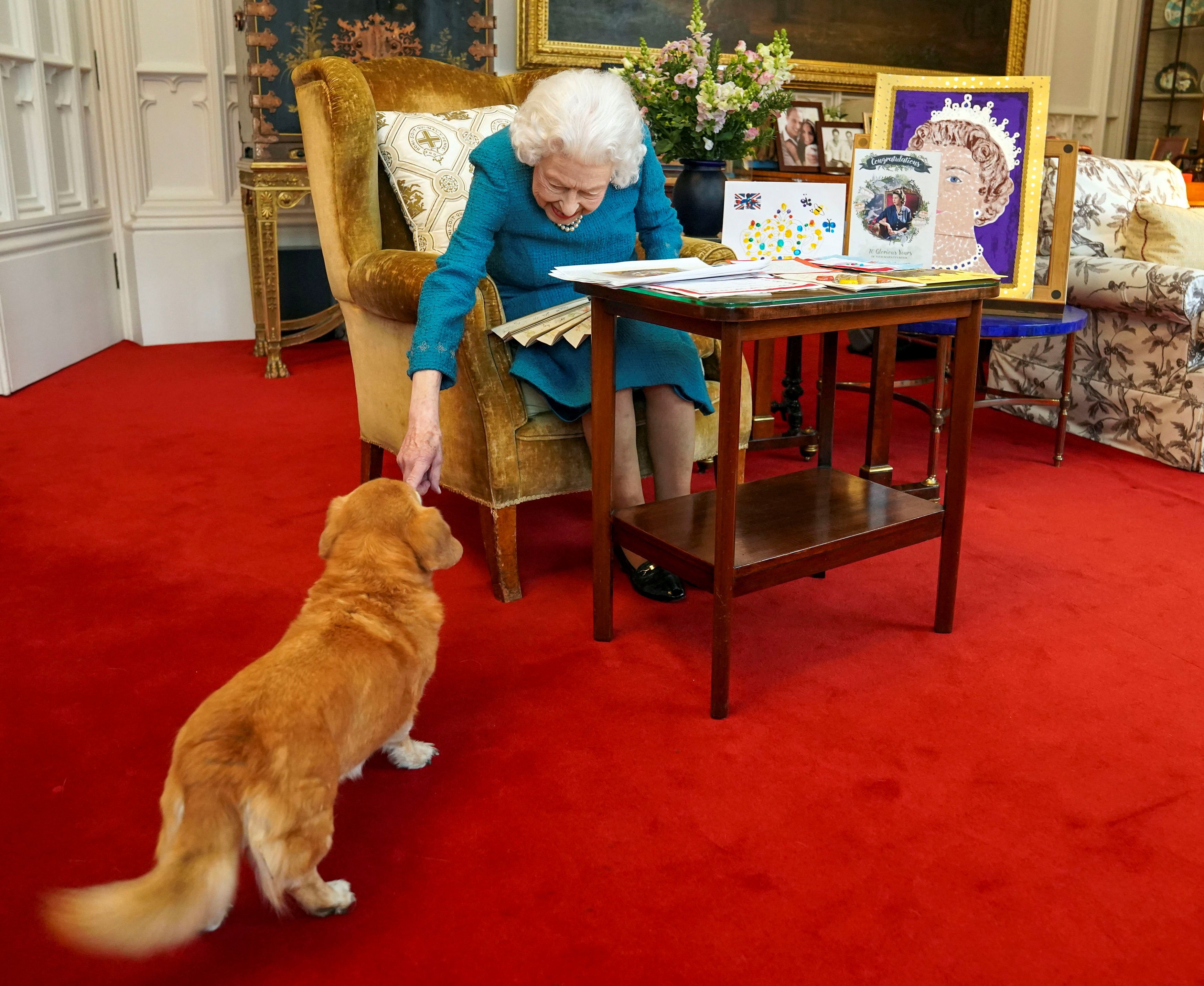 Elizabeth II. mit einem ihrer Hunde.