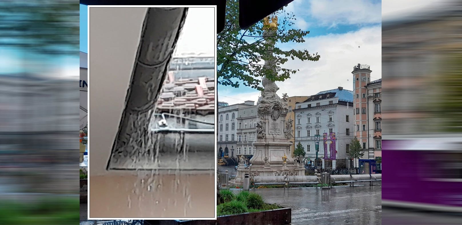 Starkregen brachte am Sonntag in Linz die Dachrinnen zum Übergehen.