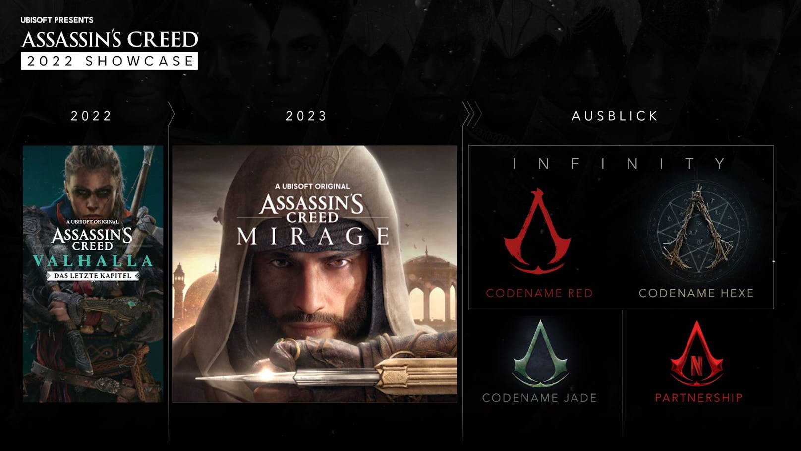 Ubisoft enthüllt gleich vier neue "Assassin's"-Games: "Mirage", "Codename Red", "Codename Jade" und "Codename Hexe".