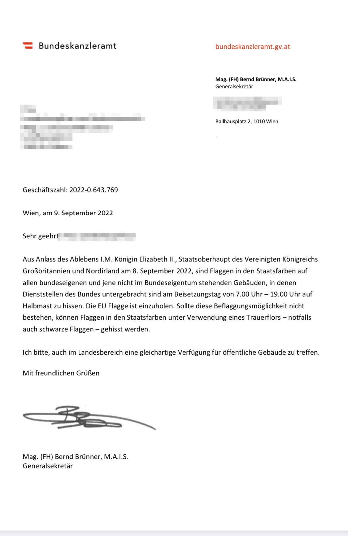 Das Schreiben an die Länder