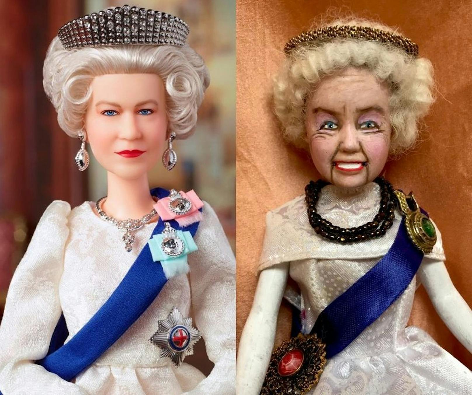 Theaterdesignerin Lou Gray kreierte anlässlich des Platin-Thronjubiläums der Queen eine Puppe ihrer Majestät mit Falten und allem Drum und Dran aus einer umgestalteten Barbie.