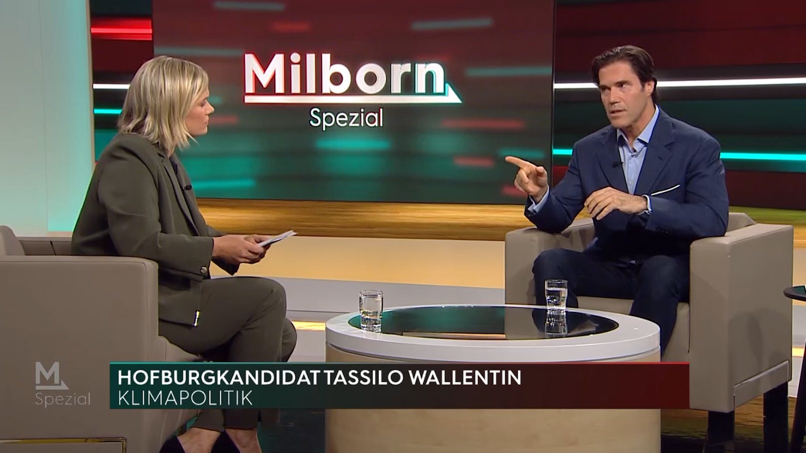 Hofburg-Kandidat <strong>Tassilo Wallentin</strong> (rechts) und Puls24-Moderatorin <strong>Corinna Milborn</strong> diskutierten leidenschaftlich.