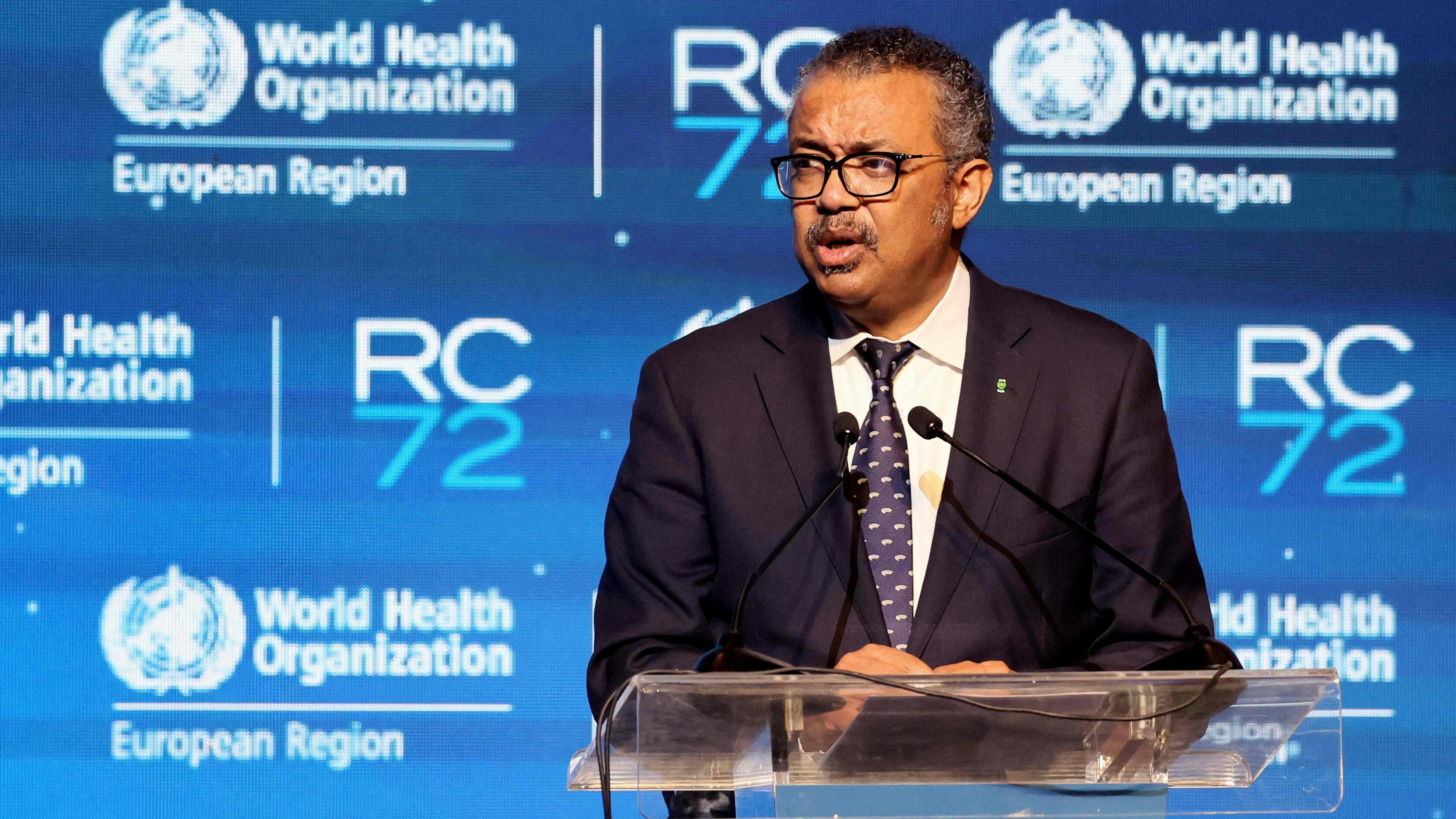 Download von www.picturedesk.com am 14.09.2022 (16:42).  Director-General of the World Health Organisation (WHO) Tedros Adhanom Ghebreyesus delivers a speech during the 72nd session of the WHO Regional Committee for Europe on September 12, 2022 in the Israeli coastal city of Tel Aviv. (Photo by JACK GUEZ / AFP) - 20220912_PD3016 - Rechteinfo: Rights Managed (RM) Nur für redaktionelle Nutzung! Werbliche Nutzung erfordert Freigabe: bitte schicken Sie uns eine Anfrage.