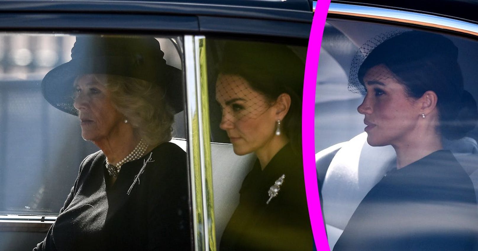 Königin Camilla fuhr mit Prinzessin Kate beim&nbsp;Trauerzug zur Aufbahrung der verstorbenen Königin Elizabeth II. in einem anderen Auto als Meghan.