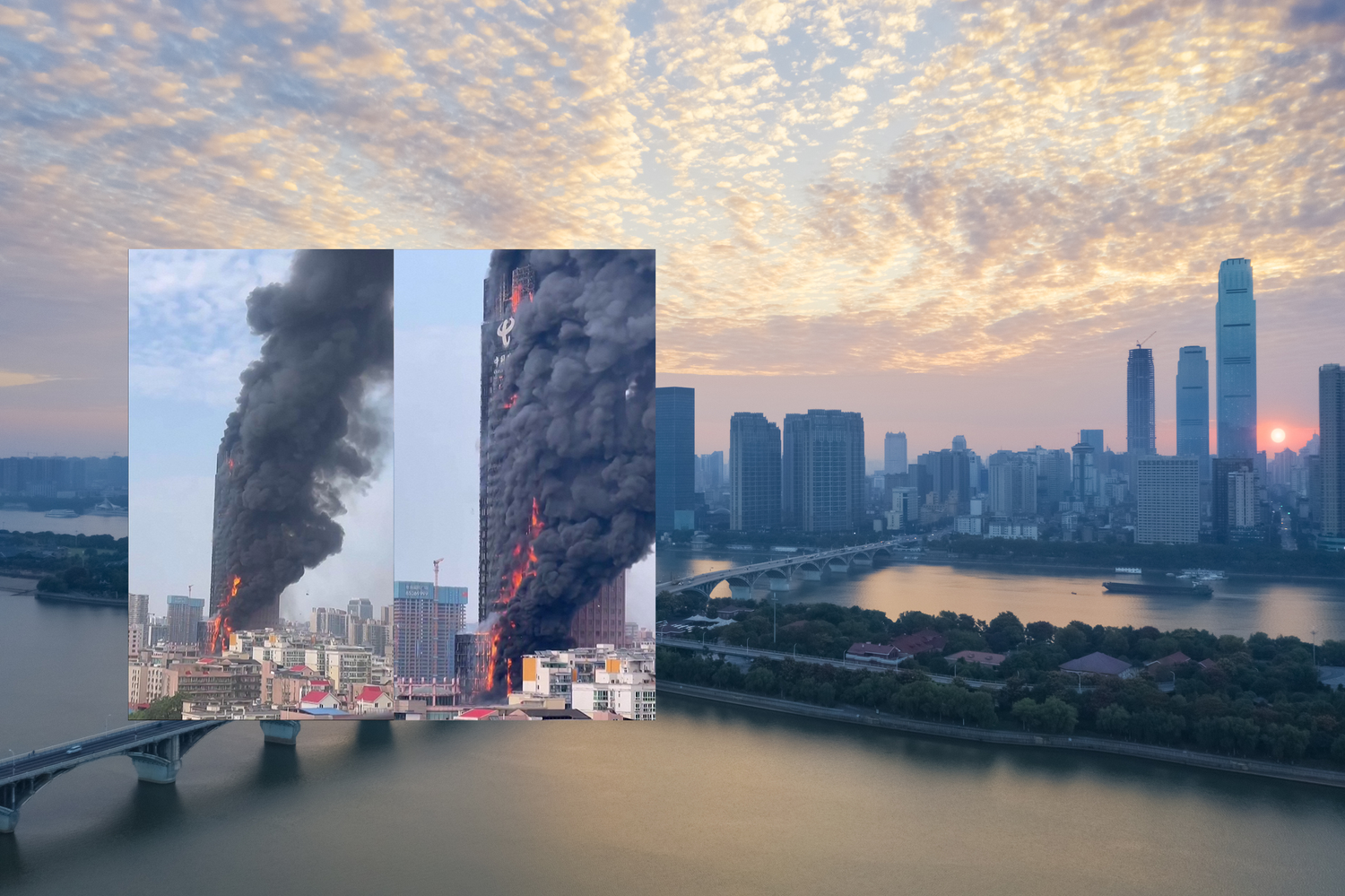 Am Nachmittag brach im Wolkenkratzer ein enormer Brand aus.